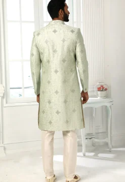 Embroidered Art Silk Kurta Jacket Set in Light Green