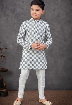 Embroidered Art Silk Kurta Set in Off White
