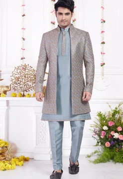 Embroidered Art Silk Kurta Set in Dusty Blue
