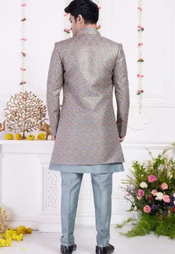 Embroidered Art Silk Kurta Set in Dusty Blue