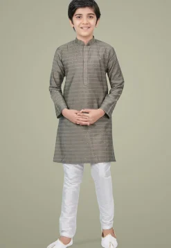 Embroidered Art Silk Kurta Set in Grey