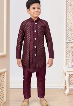 Embroidered Art Silk Layered Sherwani in Wine