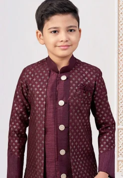 Embroidered Art Silk Layered Sherwani in Wine