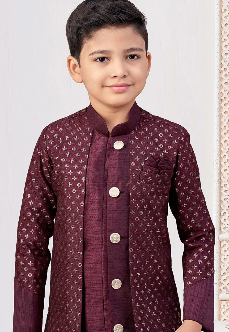 Embroidered Art Silk Layered Sherwani in Wine