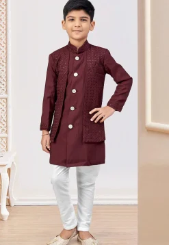 Embroidered Art Silk Layered Sherwani in Maroon