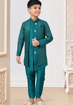 Embroidered Art Silk Layered Sherwani in Teal Green