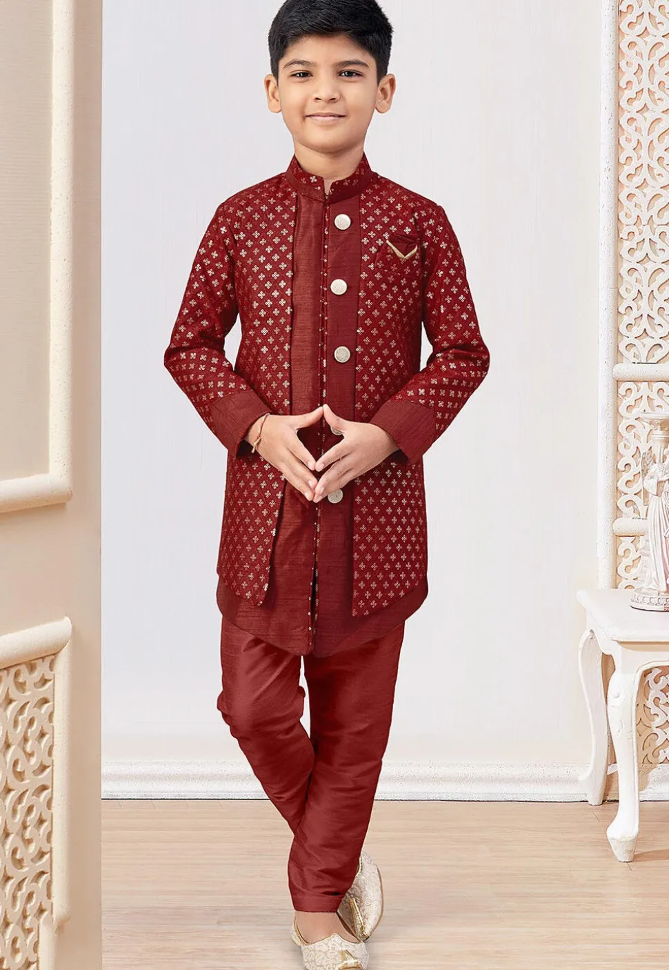 Embroidered Art Silk Layered Sherwani in Red