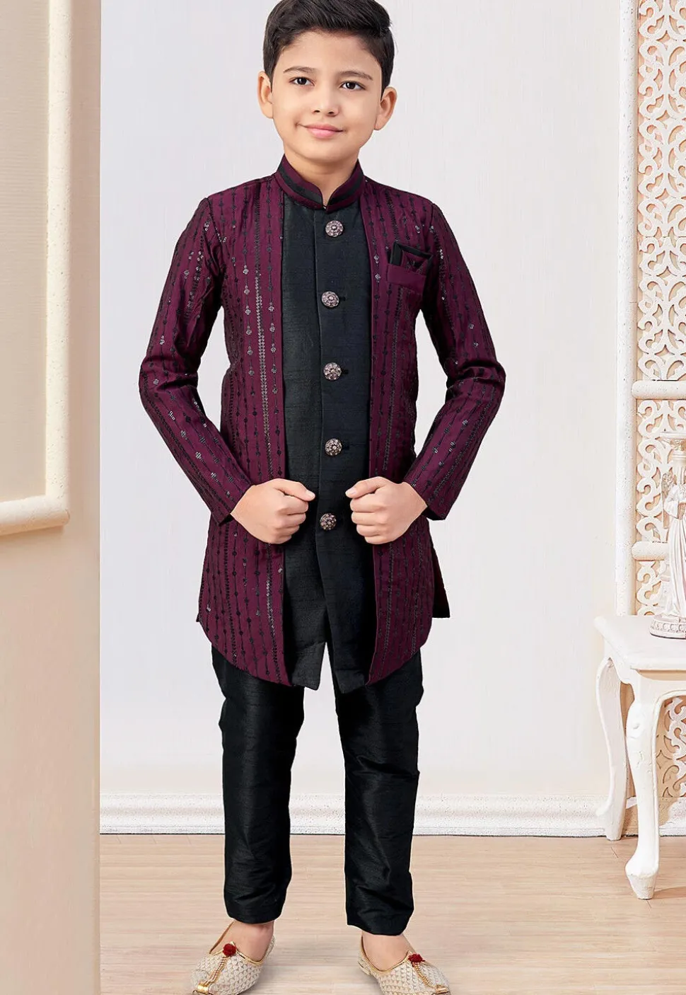 Embroidered Art Silk Layered Sherwani in Wine and Black