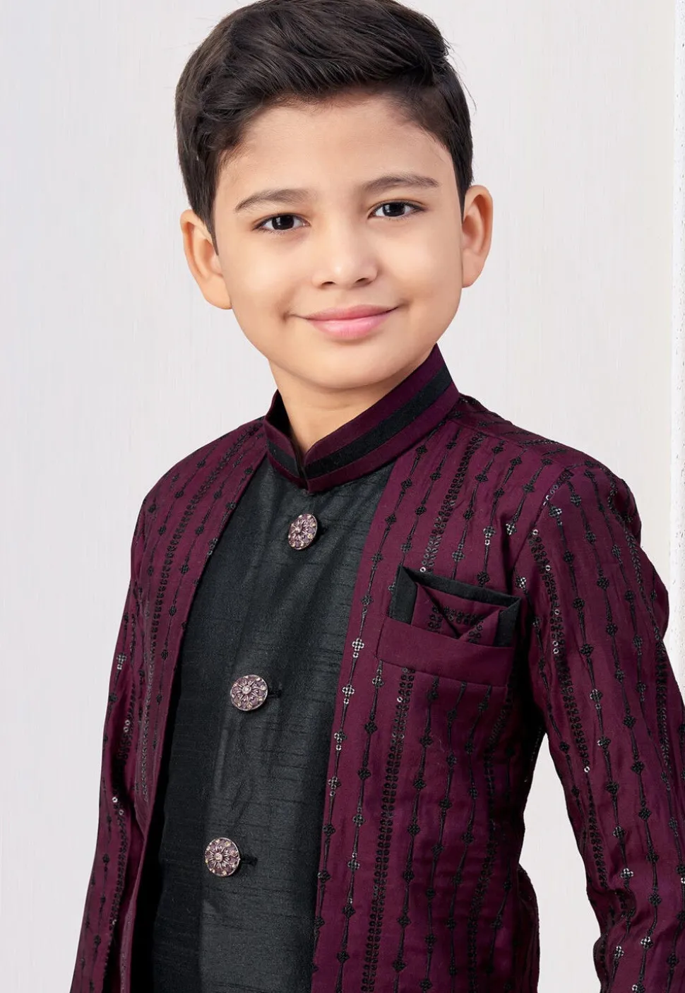 Embroidered Art Silk Layered Sherwani in Wine and Black