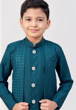 Embroidered Art Silk Layered Sherwani in Teal Blue