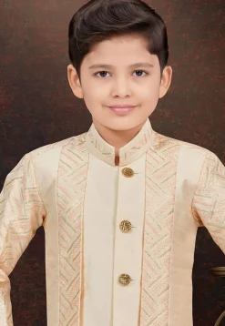 Embroidered Art Silk Layered Sherwani in Beige and Cream