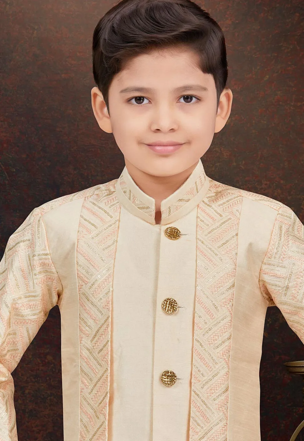 Embroidered Art Silk Layered Sherwani in Beige and Cream