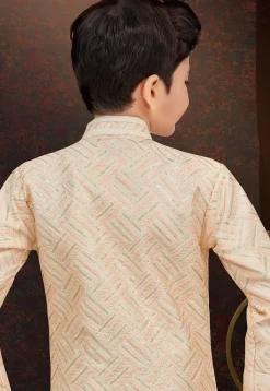 Embroidered Art Silk Layered Sherwani in Beige and Cream