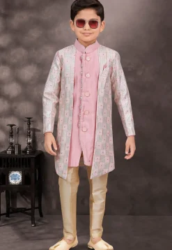 Embroidered Art Silk Layered Sherwani in Pink and Off White