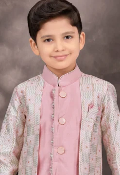 Embroidered Art Silk Layered Sherwani in Pink and Off White