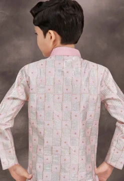 Embroidered Art Silk Layered Sherwani in Pink and Off White