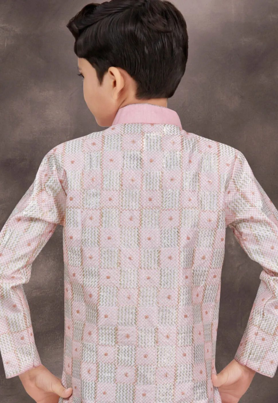Embroidered Art Silk Layered Sherwani in Pink and Off White