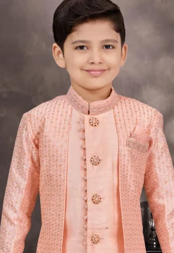 Embroidered Art Silk Layered Sherwani in Peach