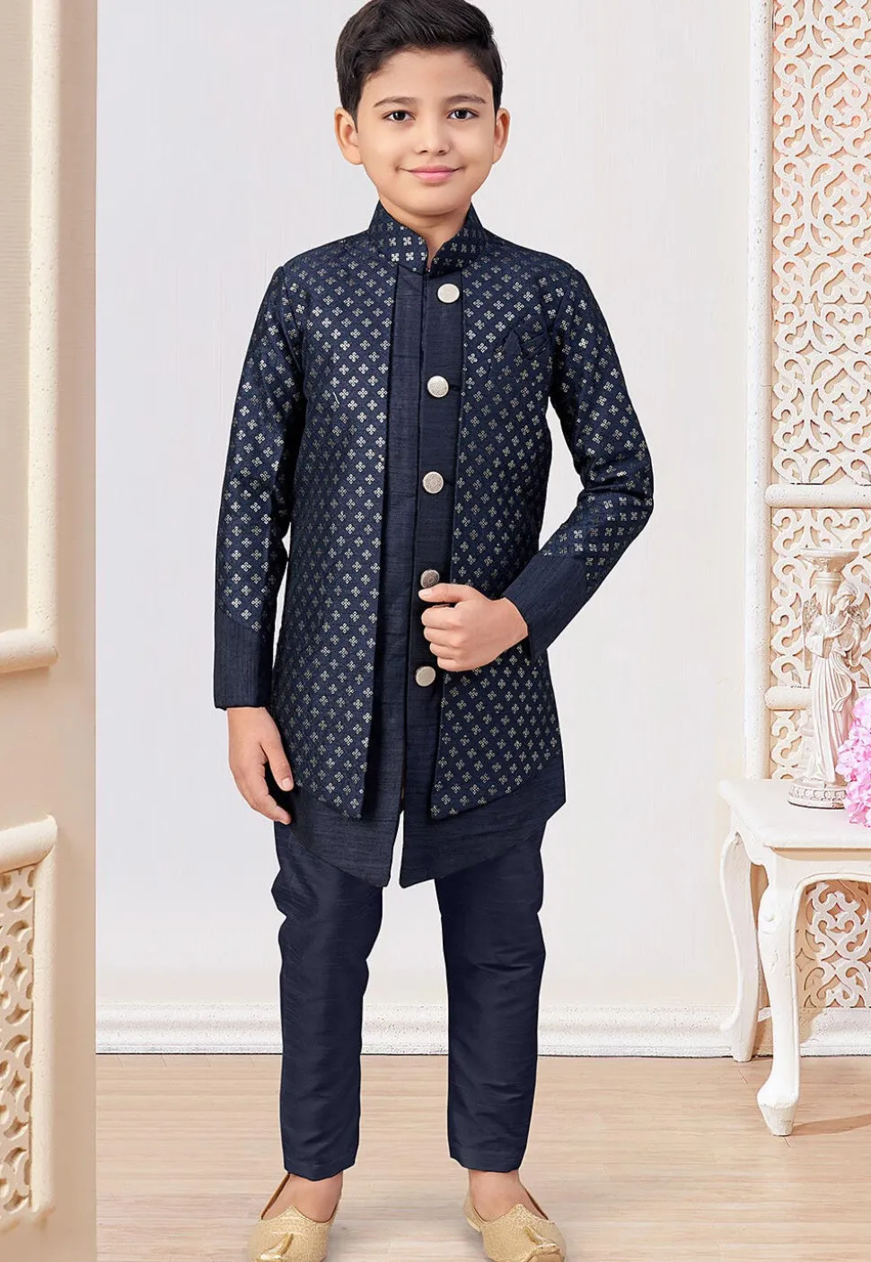 Embroidered Art Silk Layered Sherwani in Navy Blue