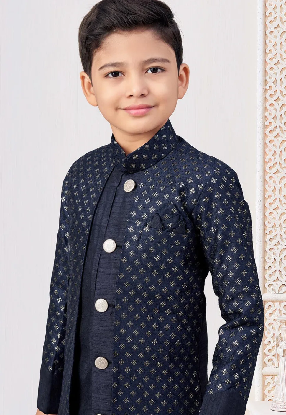 Embroidered Art Silk Layered Sherwani in Navy Blue