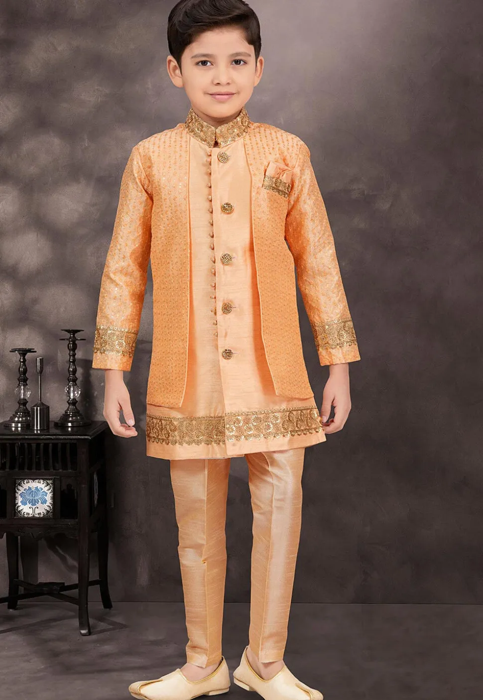Embroidered Art Silk Layered Sherwani in Light Orange