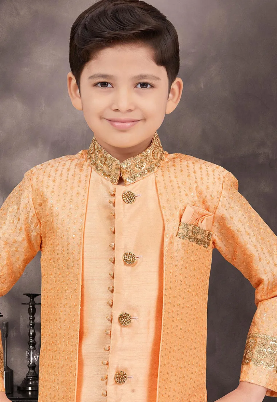 Embroidered Art Silk Layered Sherwani in Light Orange