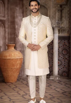 Embroidered Art Silk Layered Sherwani in Cream