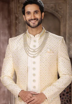 Embroidered Art Silk Layered Sherwani in Cream