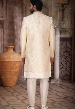 Embroidered Art Silk Layered Sherwani in Cream