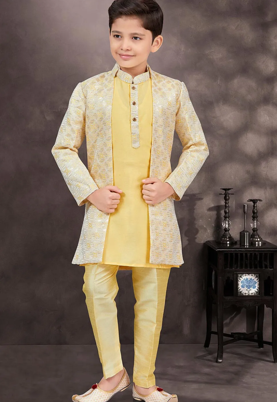 Embroidered Art Silk Layered Sherwani in Yellow