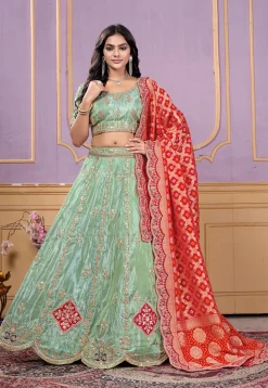 Embroidered Art Silk Lehenga in Light Green