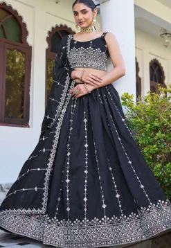 Embroidered Art Silk Lehenga in Black