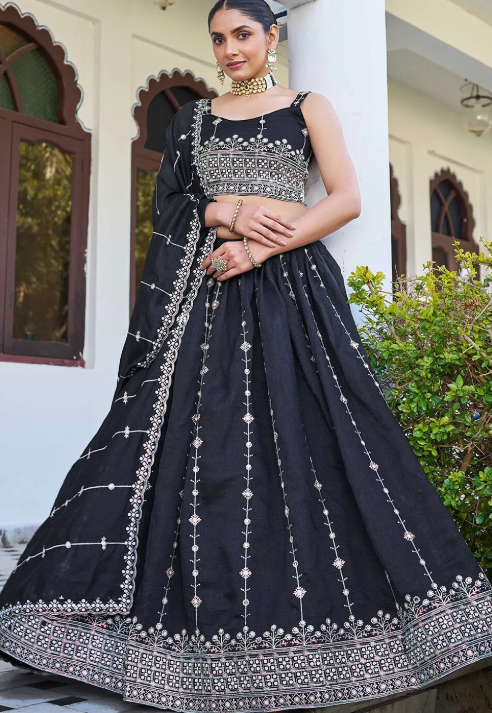 Embroidered Art Silk Lehenga in Black