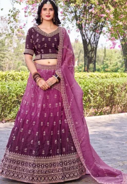 Embroidered Art Silk Lehenga in Purple Ombre