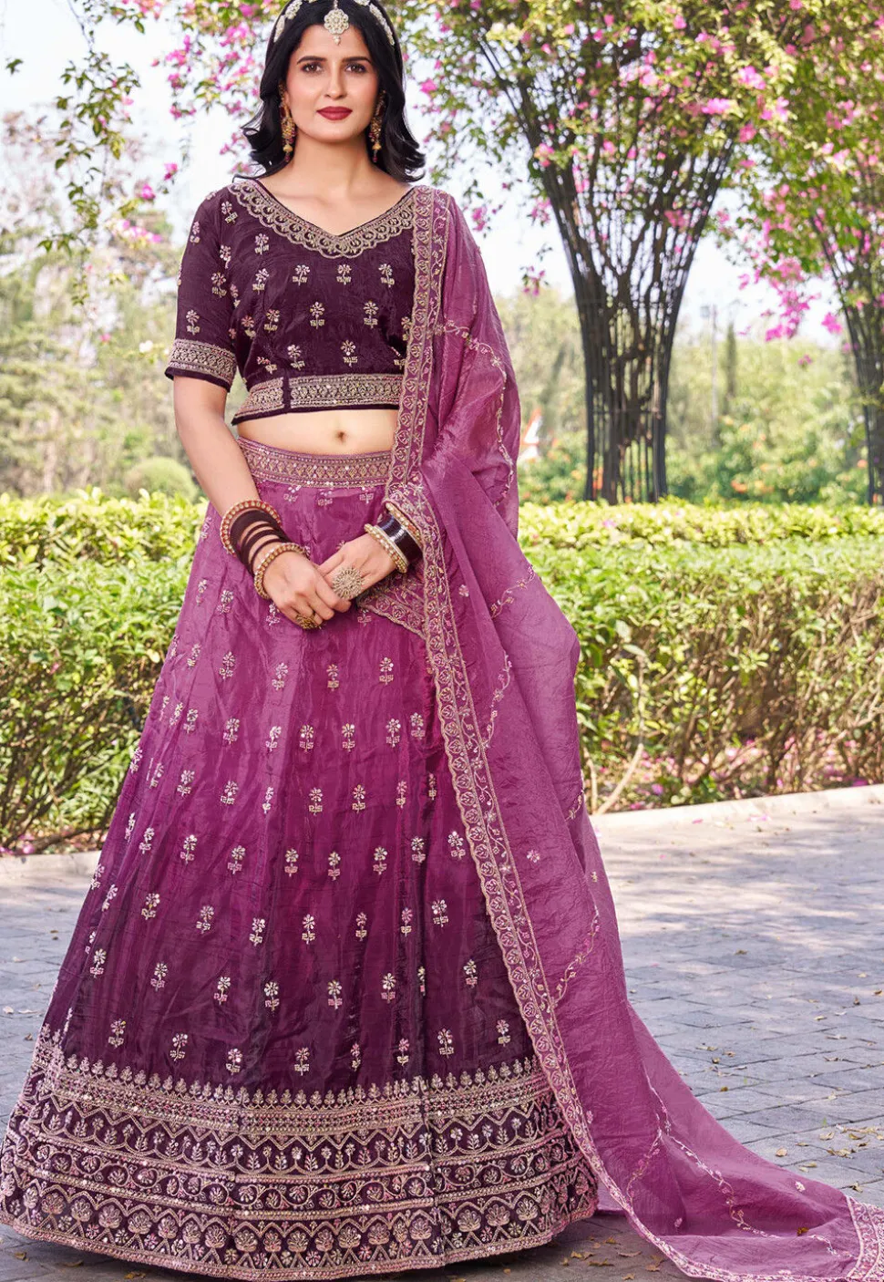 Embroidered Art Silk Lehenga in Purple Ombre