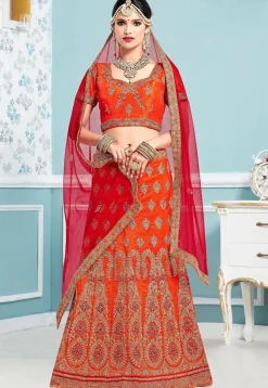 Embroidered Art Silk Lehenga in Orange