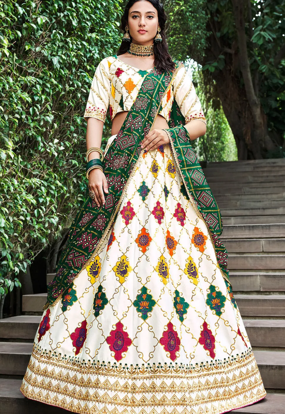 Embroidered Art Silk Lehenga in Off White