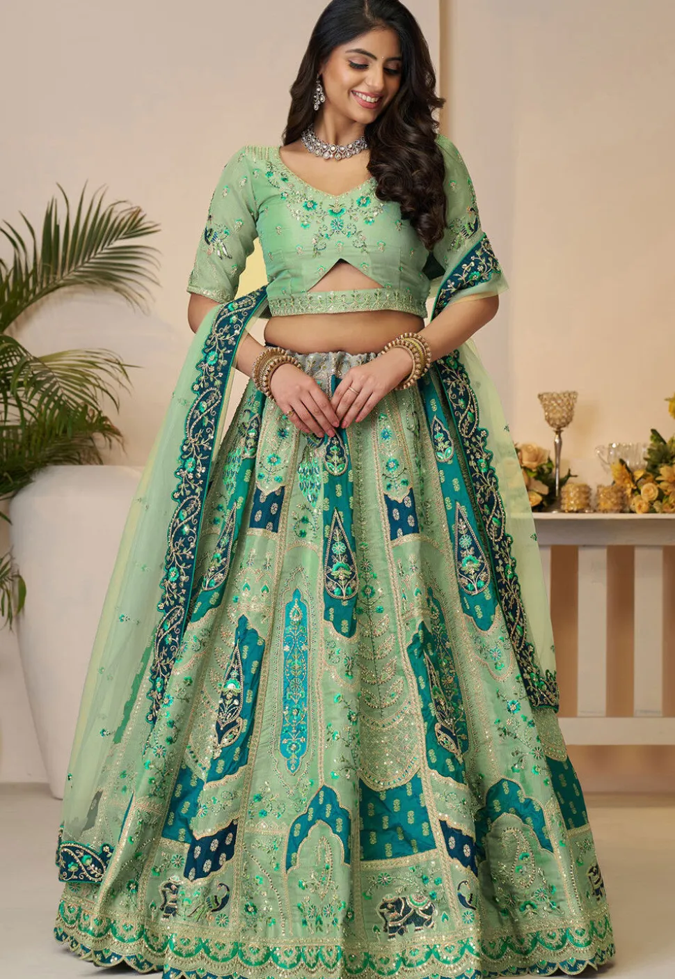 Embroidered Art Silk Lehenga in Light Green