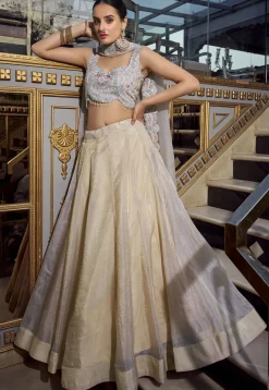 Embroidered Art Silk Lehenga in Cream