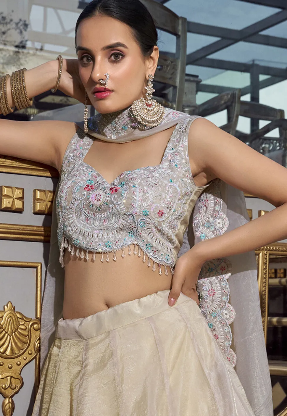 Embroidered Art Silk Lehenga in Cream