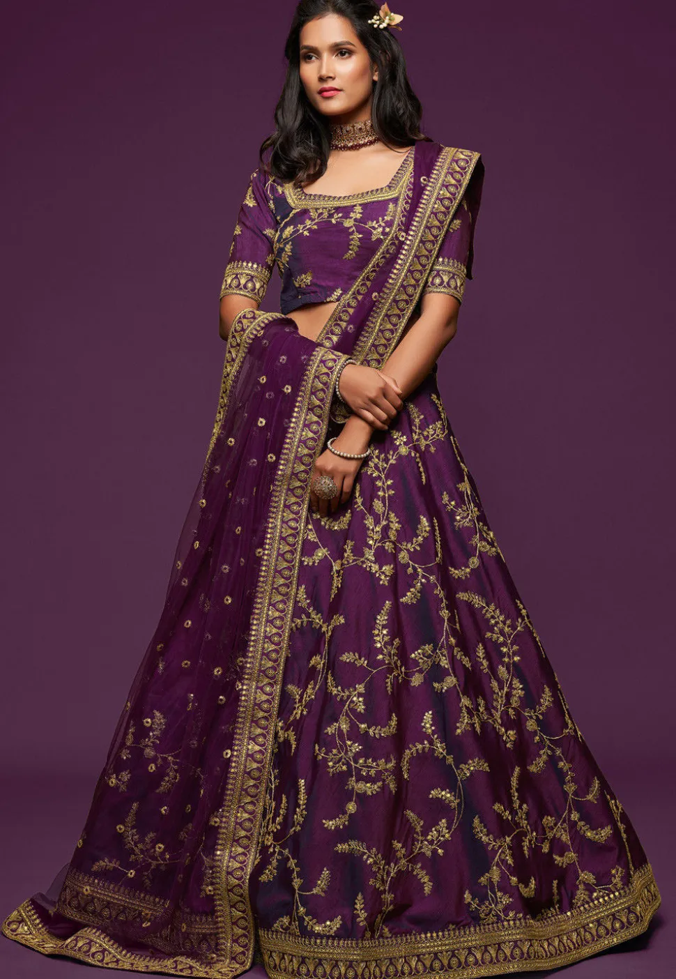 Embroidered Art Silk Lehenga in Purple