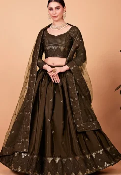 Embroidered Art Silk Lehenga in Brown