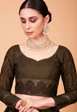 Embroidered Art Silk Lehenga in Brown