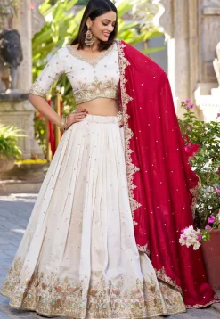 Embroidered Art Silk Lehenga in Cream