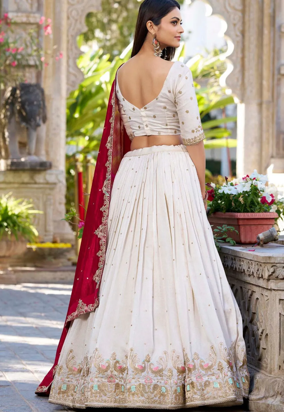 Embroidered Art Silk Lehenga in Cream