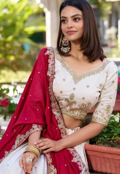 Embroidered Art Silk Lehenga in Cream