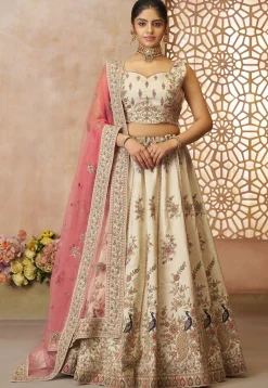 Embroidered Art Silk Lehenga in Off White