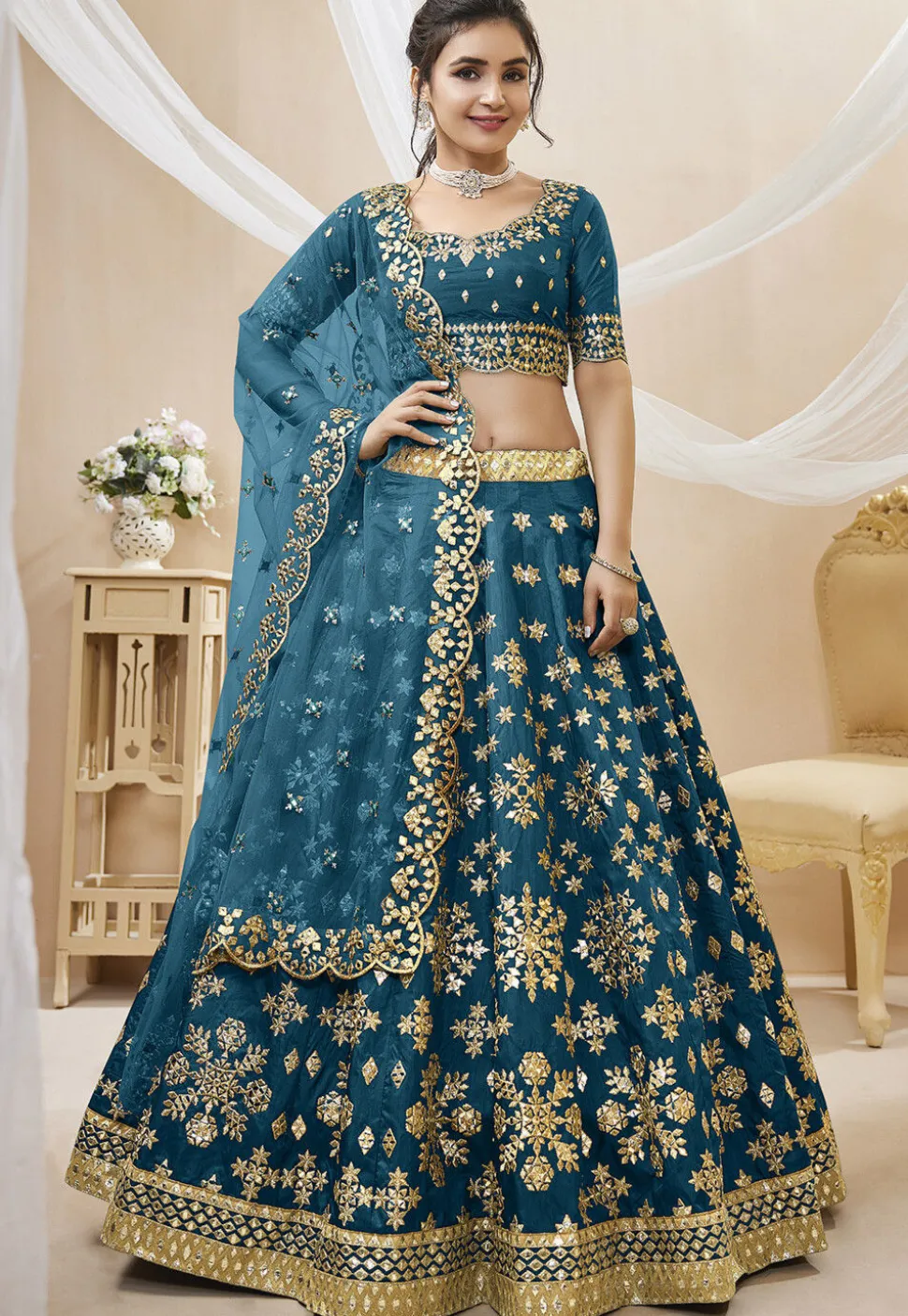 Embroidered Art Silk Lehenga in Teal Blue