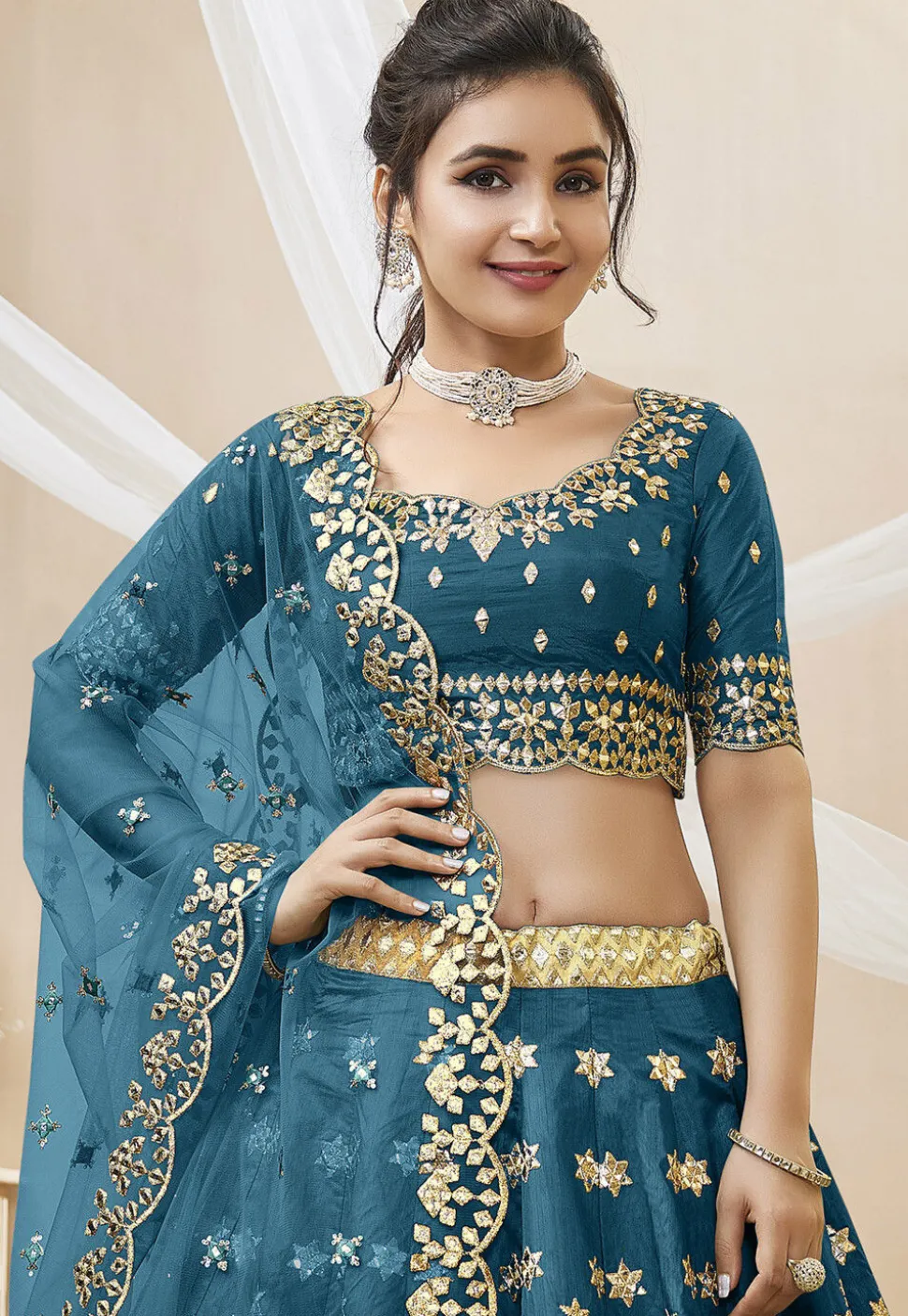 Embroidered Art Silk Lehenga in Teal Blue