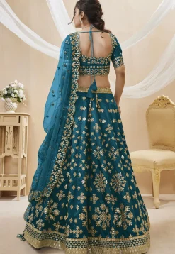 Embroidered Art Silk Lehenga in Teal Blue